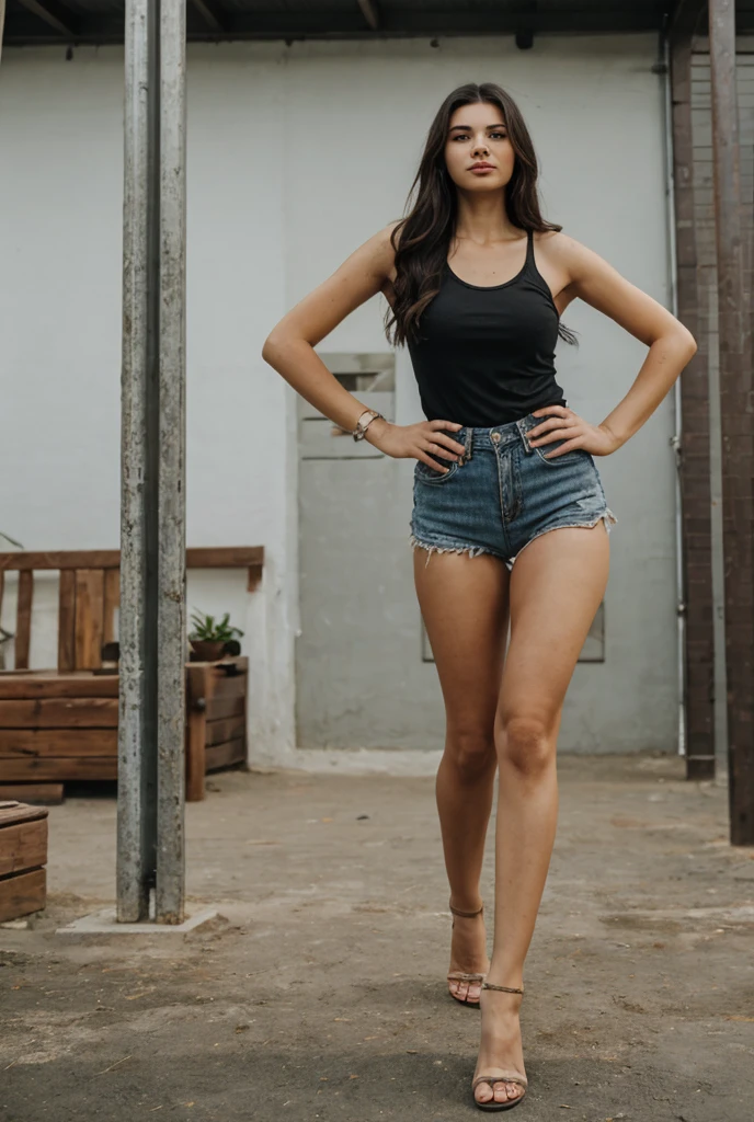 (((medium full shot))), (best quality, ultra-detailed:1.3), (nice hands, perfect hands), official art, cinematic light, (1girl:1.3), adulthot girl, solo, long thick black hair, looking at viewer, smile, black hair, navel, jewelry, sitting, outdoors, shorts, barefoot, midriff, necklace, grin, crop top, night, chain, black shorts, tank top, fire, burning, swing, burning houses in the background