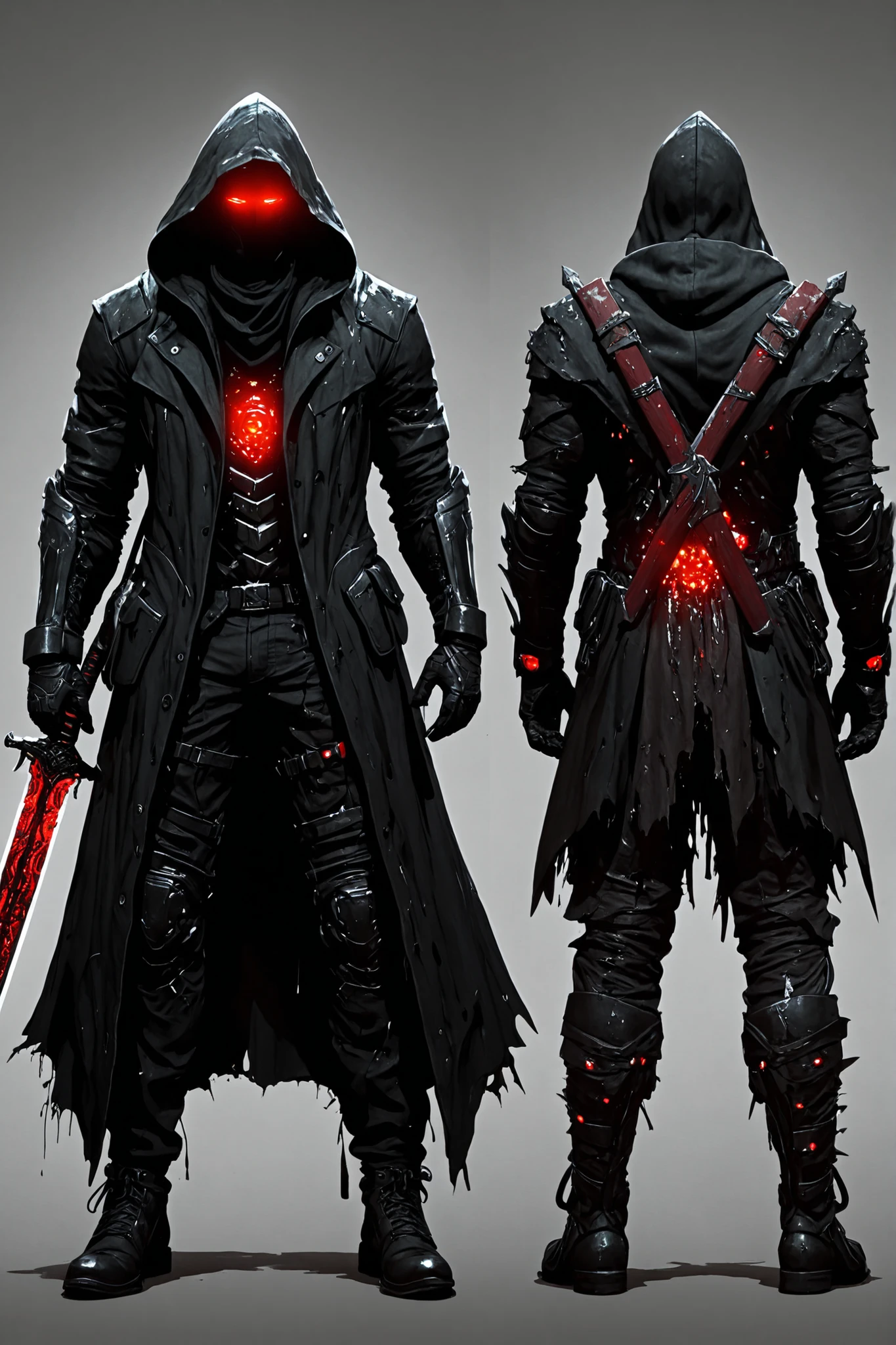 Character design in various angles and poses, Adult male with a muscular silhouette, black hooded overcoat, barba preta, torn clothing showing details of a second cybersuit underneath with red LEDs, torn black pants , a giant sword over his shoulder, the sword is large and thick with scratch marks. pose frontal, lateral, costas, cyberpunk art style + Bloodborne, futuristic Dark fantasy style.