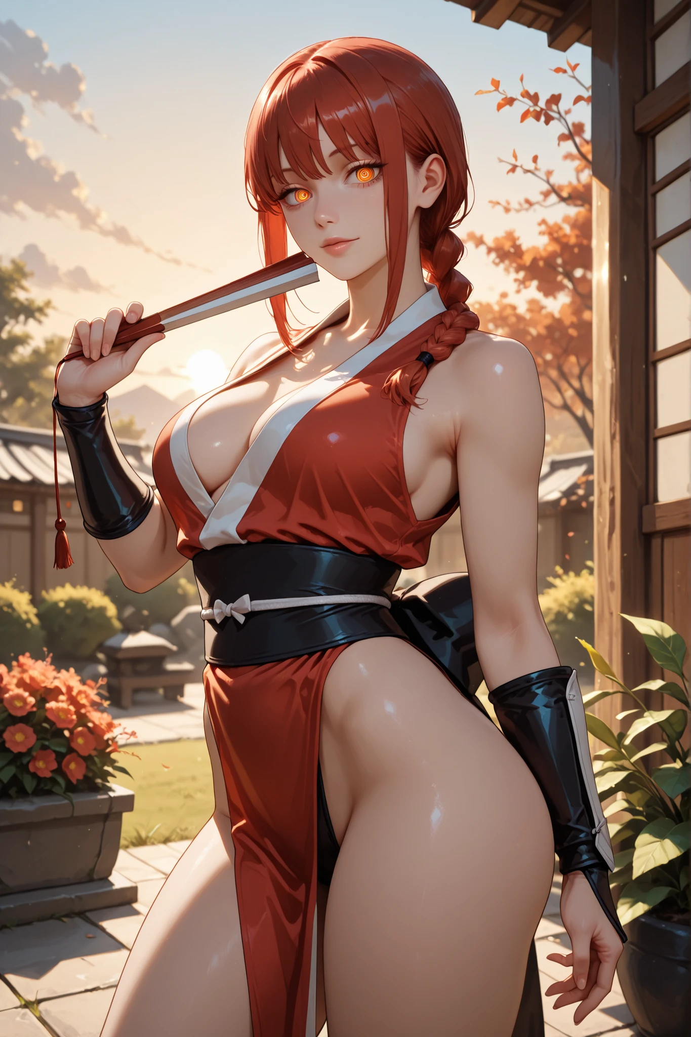 ((Mai shiranui from king of fighters series)) (beautiful face)(big glowing blue eyes)(red lips) (((very long light brown pony tail hairstyle))) ((very huge breasts) (perfect slim body) (wears sexy red dress with white ornament), (shinnobi gauntlets, stocking) ((big fabric strap around waist)) (posing sexy alongside lotto fountain garden) ((hold japanese fan on hand)) (high definition, amazing lights and shadows) ((masterpiece)) (8k) (perfect face) (ultra details) (perfect hands, eyes, and face)