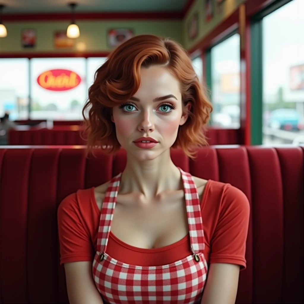 photo of 1girl, exceptionally stunning, 16yo, (slender petit frame:1.2), (large naturally sagging breasts:1.2), braless, cleavage, beautiful detailed green eyes, redhead, (cute:1.1), very pale skin, (adorable:1.1), taking viewer's order in the drive thru car line while (standing outside the restaurant:1.3), Chick-Fil-A, cute uniform with short shorts and Henley shirt and (visor:1.1), (best quality,4k,8k,highres,masterpiece:1.4),ultra-detailed,(realistic,photorealistic,photo-realistic:1.5),HDR,studio lighting,vivid colors,bokeh,(girl's emotions: bashful, coy, demure, coquettish, kittenish,awkward),(viewer's emotions: aroused, attracted, lust, infatuation, fascination, seduced), viewer pulled into line to order and noticed her instantly falling in love