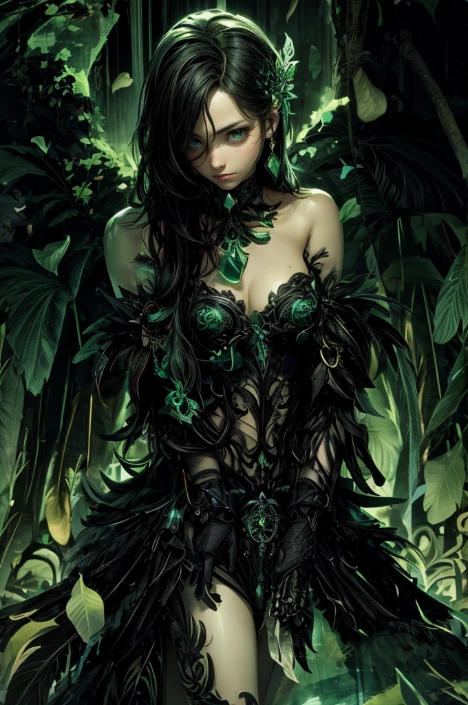((a black fairy with a mechanical arm wearing alternate costume of torn green leaf)), translucent, shy and seductive wings, full body, natural pose, art by Luis Royo, freedom, digital illustration, (steampunk style), perfect anatomy, symmetrical face, well-formed eyes, beautiful face, goblin ears, well-defined hips, with a belt with several pockets, centered, approaching perfection, dynamic, highly detailed, watercolor painting, art station, concept art, soft and sharp focus, illustration, unique, award-winning, masterpiece, ((transparent clothing))