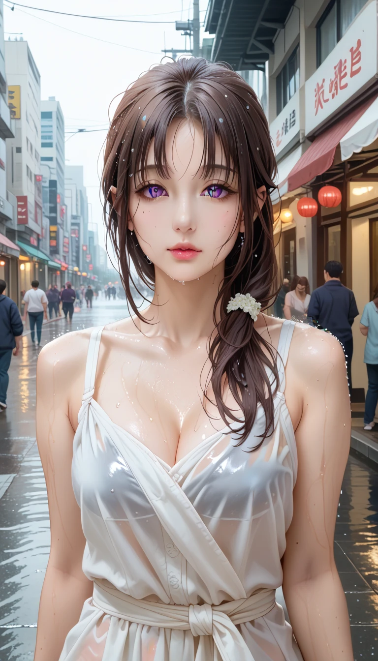 woman,20-year-old,,city,night,(((Sexy silk dresses))),,closed mouth smile,((black hair)),blush,(wet with sweat)