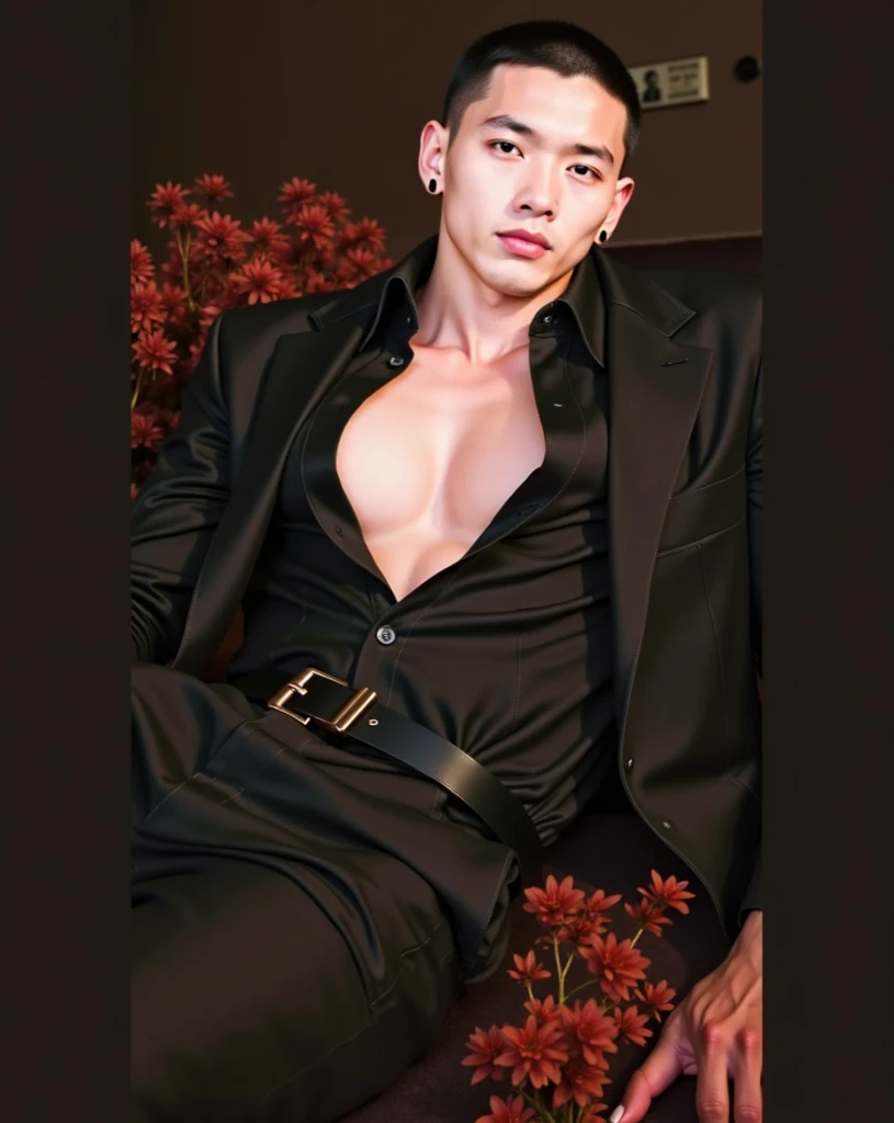 (best quality,4k,8k,highres,masterpiece:1.2),ultra-detailed,(realistic,photorealistic,photo-realistic:1.37),asian young man with short black hair,(shaved temples:1.1),(golden eyes:1.1),kpop idol, human skin, realistic, sits on a gem stone lotus seat, fantasy see throught clothing, naked,dark atmosphere,dramatic lighting,dense fog,ornate decorations,ancient symbols,mystical aura,ominous shadows,spiky leather armor,tattoos on whole body,crown with intricate carvings,elaborate patterns,sharp edges,tattered banners and flags,stone pillars with engravings,gold accents and jewelry,eyes glowing with magic,smoke rising from beneath the throne,glowing runes,heart-shaped pendant hanging from neck,naked, big dick, open legs