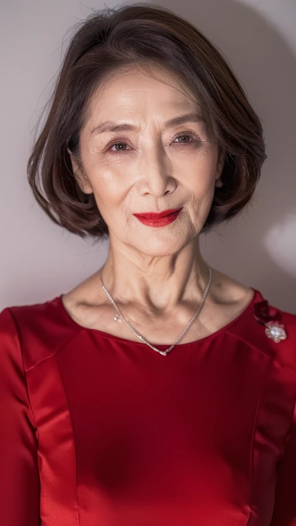 Masterpiece, Beautiful finish, Beautiful mature woman, 65-year-old woman, Face close-up, Long face, High nose, Red lips, Thin lips, Satin dress, Light from the front,