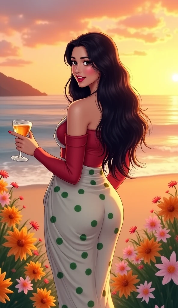 A busty beauty in a provocative orange dress sits eating grilled squid on a beautiful beach at night.