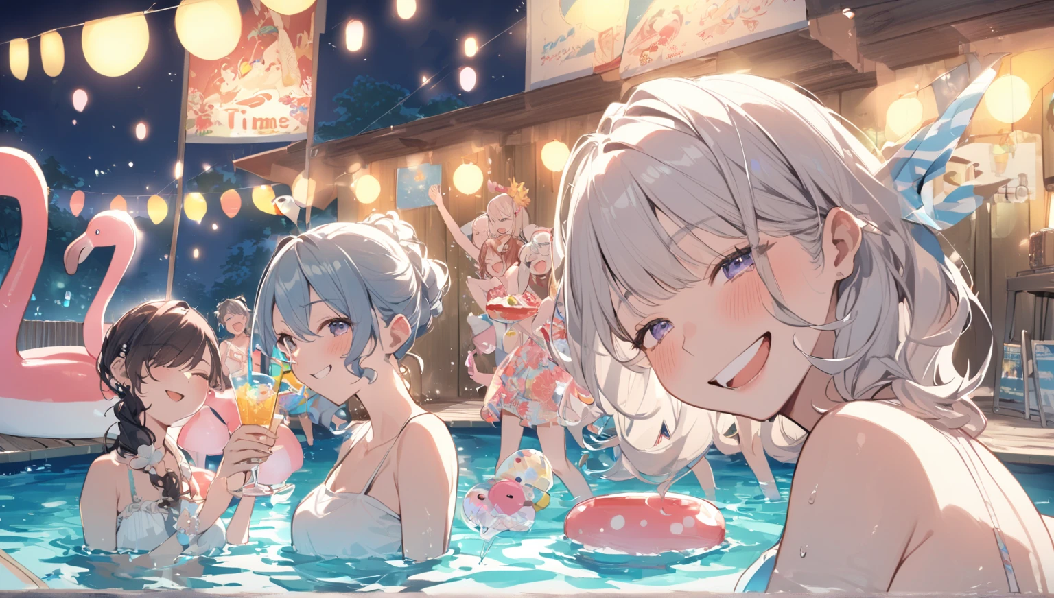 three women in a pool with Inflatable flamingo floats, Pool Party, Summer swimming , Inflatable, Carnival floats, summer festival night, festival, 夏のnight, Are you having fun, Having a great time, Warm and fun atmosphere, Have fun, drink, Beach , night, 40-year-old woman, music festival, Splash House, cool , Features