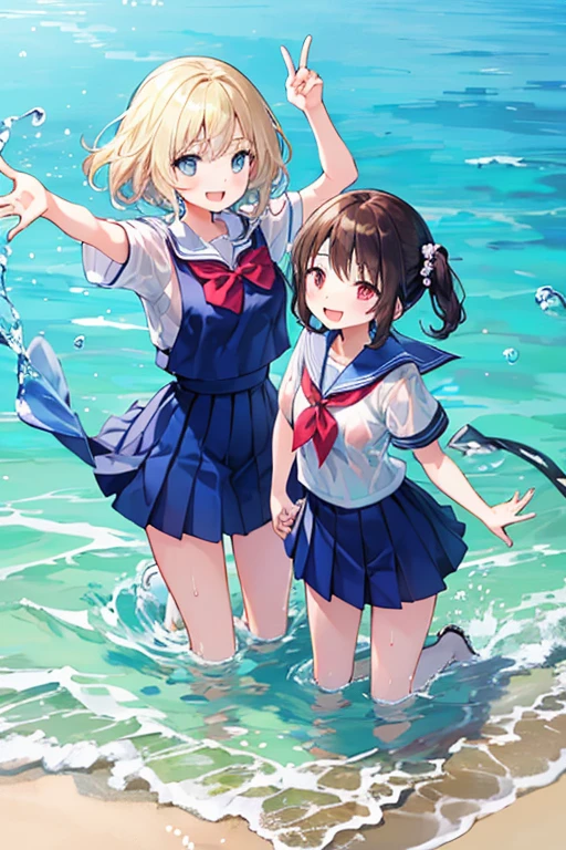 highest quality、High resolution、8K、Beautiful teenage girl、(three women)、sailor school swimsuit,(white sailor collar)、Wet、Whole body gets Wet、water play spot、water play slide、water play event、sexual expression、smile、ponytail、flashy hair color、Show 1'~ side、emphasize cleavage、Water each other、laughter