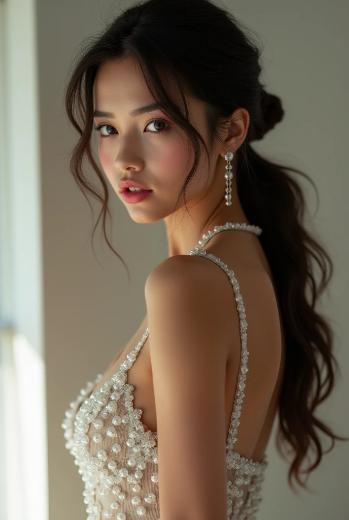 a woman wearing jeweled lingerie, small round breasts, Earrings, (((Trendy hairstyles))), intricate beading and gems on the undergarments, shimmering in the light, elegant and alluring, high quality 3D render, hyper detailed, photorealistic, chiaroscuro lighting, cinematic composition, porcelain skin, seductive expression, flowing hair, minimal background, warm color palette