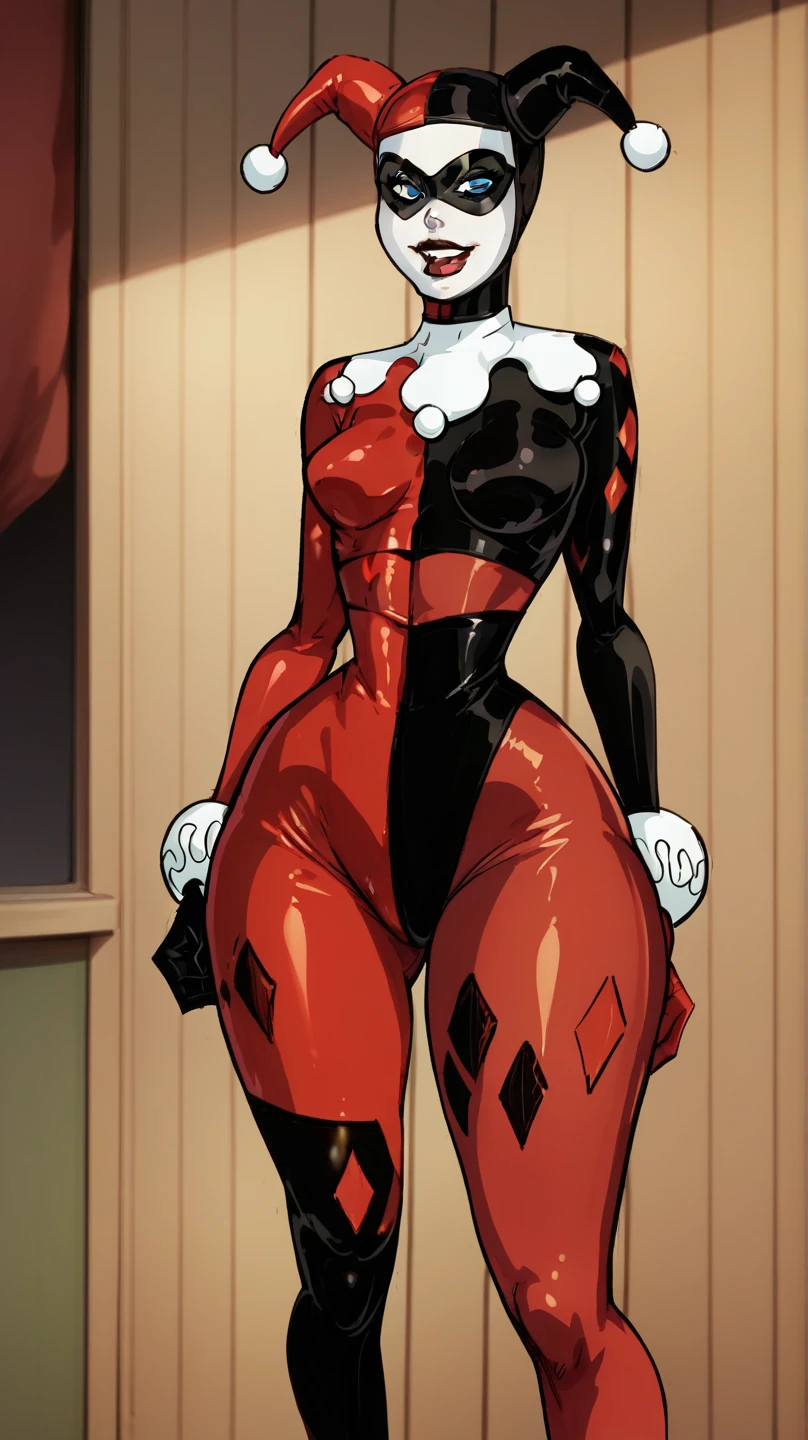 Chica futurista, enormes tetas, culo enorme, ojos rojos, brown long hair, Leggings negros, (botas rojas), sujetador blanco, pintalabios rojo, Sonrisa, Black latex gloves, (de pie),cuerpo completo, Fondo simple