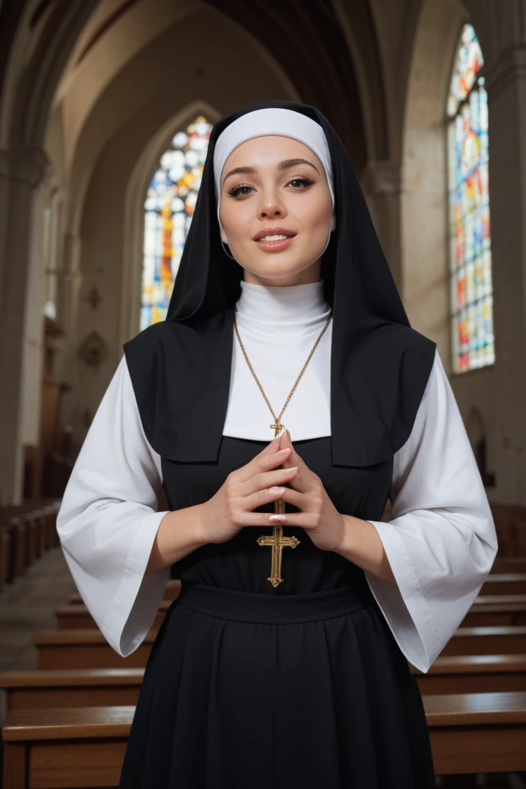 Mature beautiful italian woman、Blonde Hair、With bangs、Green Eyes、smile、Saggy breasts、Slim body、Monastic uniform、Nuns、Standing before the cross、In the church