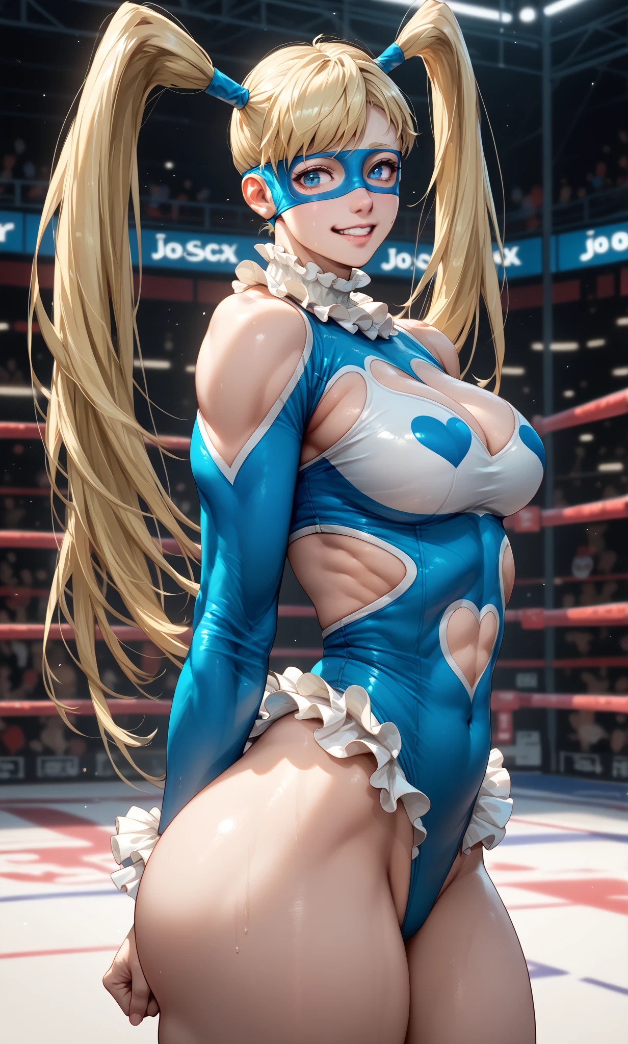 realisticlying、A 23-year-old girl、gymnast、Breasts enlarged、Forward View、Bodysuit covering the whole body、short blonde wavy hair、The face smiled、Gymnastics competition venue、Sexy Posing, (2heads:1.5)