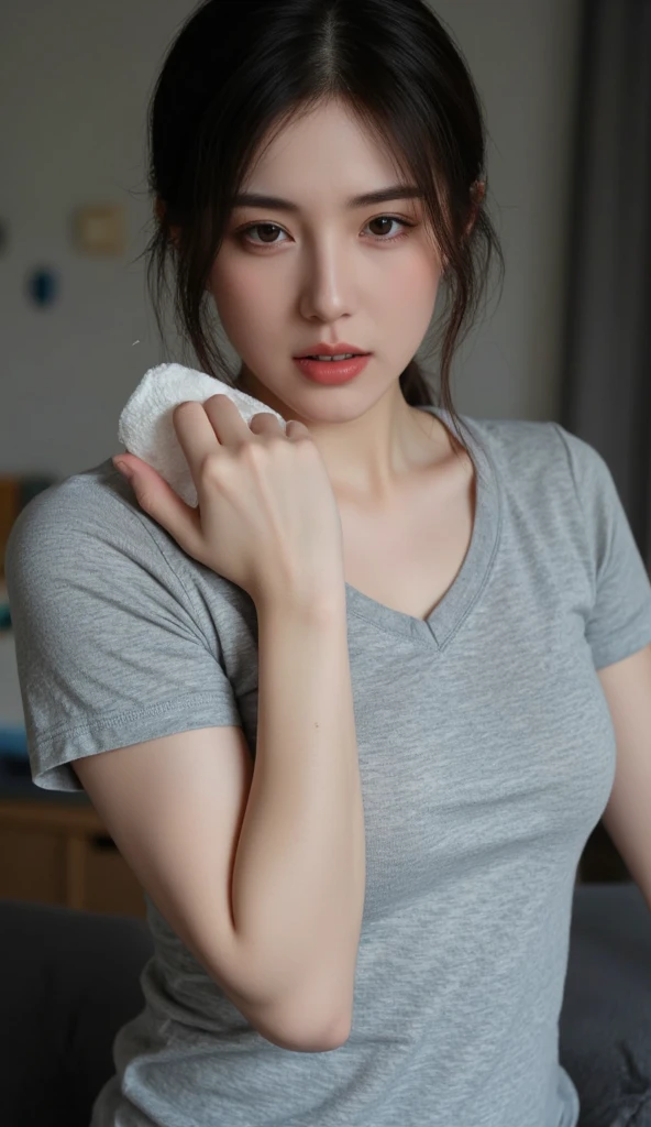 A Chinese woman on background wall, fluffy hair, delicate face, bright, real girl, large aperture, wearing white t-shirt dress, macro shot, plump, slightly fat, very plump, sexy, looking at you, good looking eyes