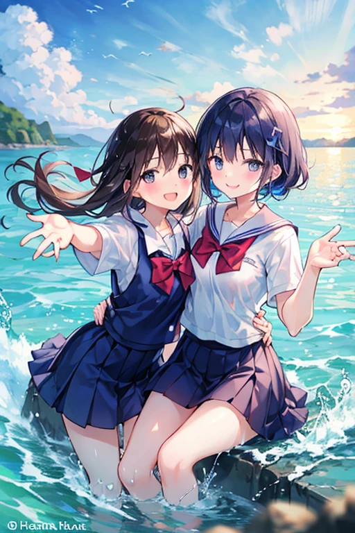 Two girls wearing school uniform swimsuits