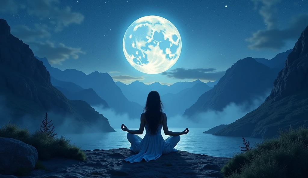 Woman facing backwards sitting in zen meditation pose、Fusion with space bodies, The crescent moon of the new moon shines brightly, Ultra-fantastical、Chakraの解放、The infinite mystery of the universe and the individual's cosmic symbiosis. A pillar of light descends onto the place where the person is sitting., Penetrating deep into the Earth's mantle. This means a ground connection to the earth, Transcending it through meditation、Anchoring a person to physical reality. The lighting in this image is as balanced as the air, Physical and metaphysical. Use a wide-angle lens, 16-35mm f, wait./2.8, This allows you to capture a wide range of images., Small openings like F/If you use u can focus on all the elements. About lighting, soft, Throwing diffused light on a meditating figure、Shine with a fantastic glow, It means the illumination of enlightenment. For background, dynamic contrast、Flying out of the inner layers of the galaxy and the Earth, Use post-production techniques to fine-tune the details, yoga, 8K Wallpaper, Cinema lighting, Falling from a rift in space-time, Chakra, Kundalini, mysterious, Enlightenment,
