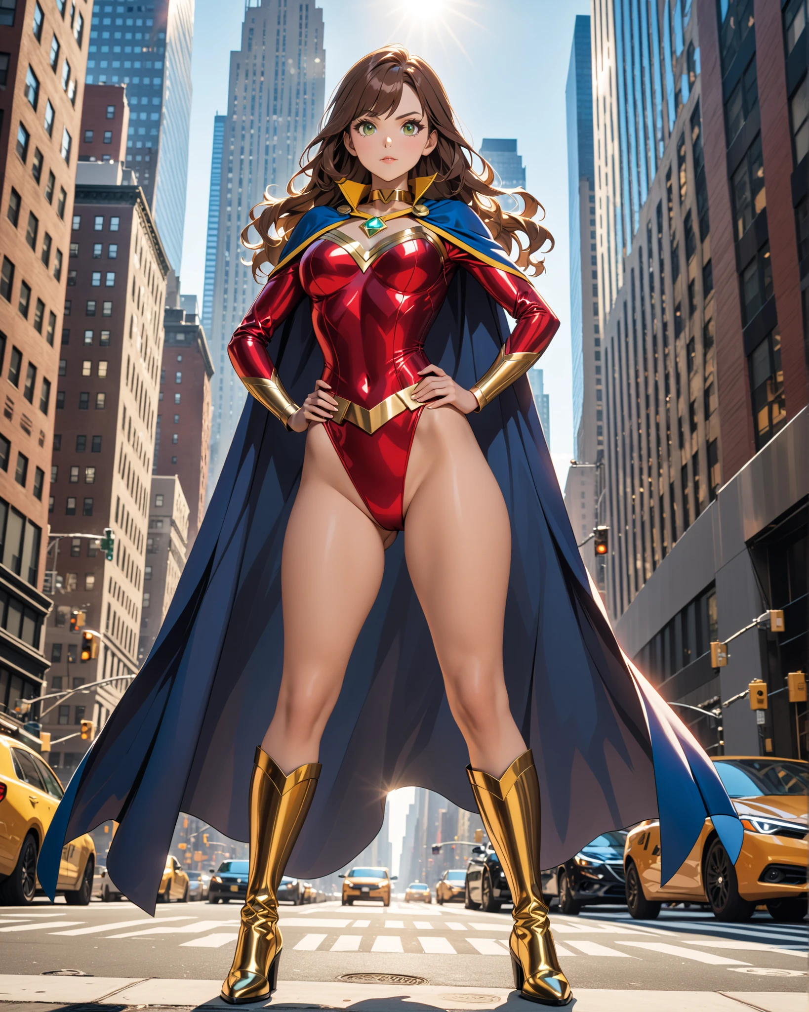 ((best quality)), ((masterpiece)), ((ultra realistic)), (dynamic heroic pose), american, beautiful detailed face, detailed eyes, sexy reporter, ((dressed in a red leotard with blue accents)), new york city backdrop, highly detailed, professional, bare legs, full body), hands on hip, standing, ((brown hair, medium hair)), green eyes, matching boots, yellow boots, ((long sleeves, yellow cuffs)), yellow hawk-shaped crest engraved on chest, ((blue cape)), cowboy shot, belt