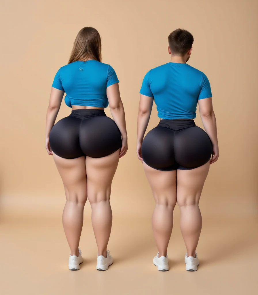 full body photograph of a beautiful woman (((Mother and daughter:1.2))), ((huge each other)), Tight shorts, long sleeve spandex shirt, and sneakers. Very detailed, matte skin, pores, 4K, natural, realistic, photograph, photorealistic. Curvy body shape, cleveage, huge breast, wide hips, thin waist, sexy natural abs, thick legs, huge booty, round shape butt, ((front body view))