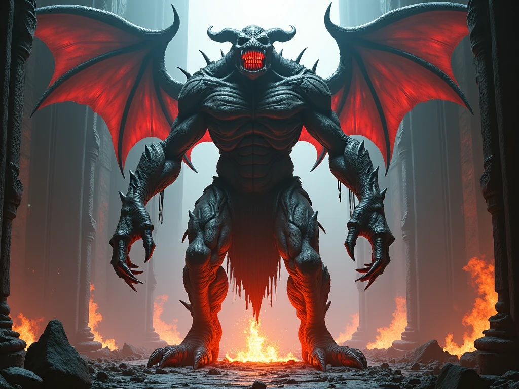 breathtaking, from the point of view of a child holding their mother's hand, city street, a gigantic and terrifying demonic deity made from smoke and fire and pollutiob, ground level, digital art