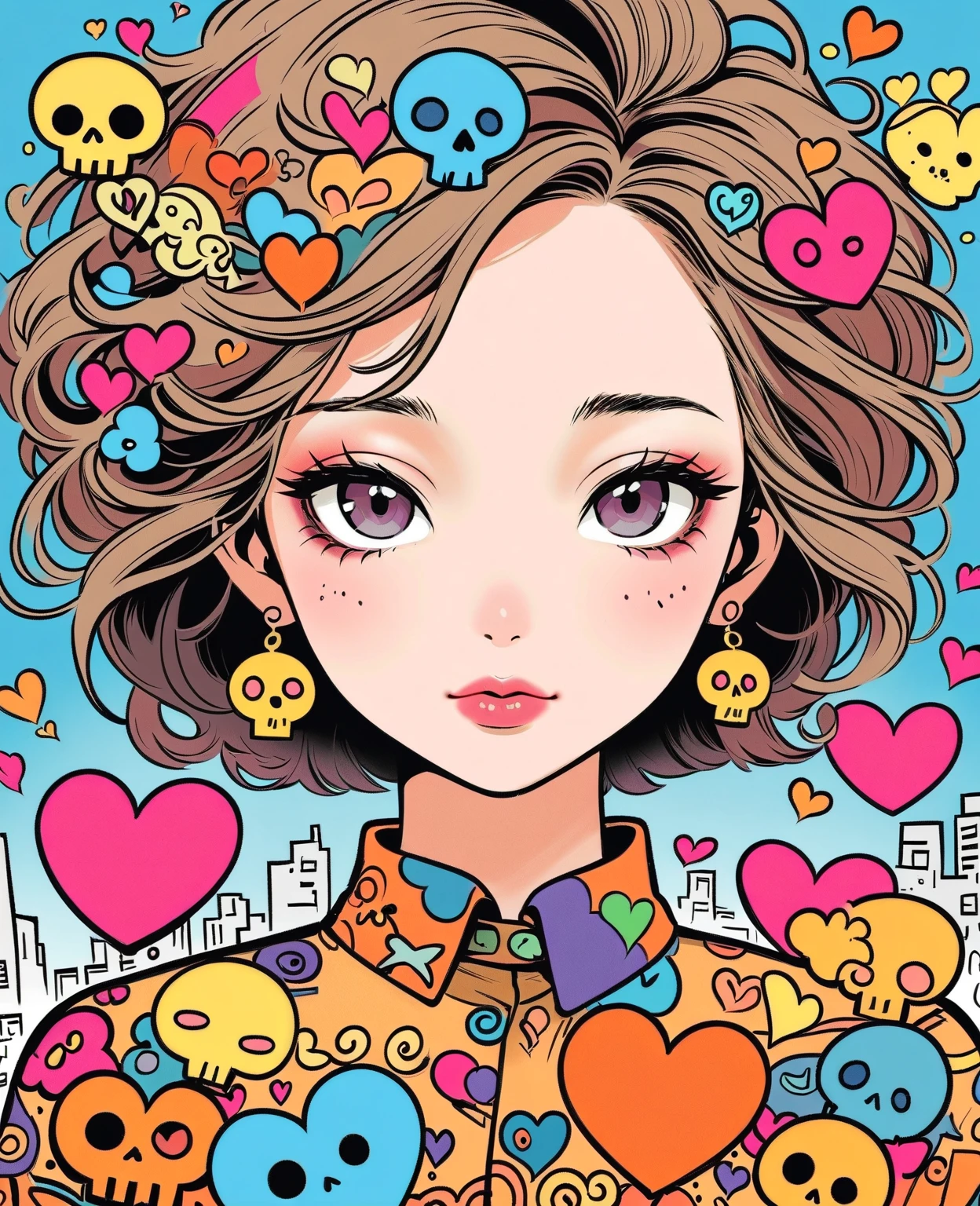 Keith Haring colorful style, Simple Line Initialism,Abstract art,(((The most beautiful girl of all time))), Lips in love, Dark Eyes, Skull fashion, Graffiti on the wall, stylish design