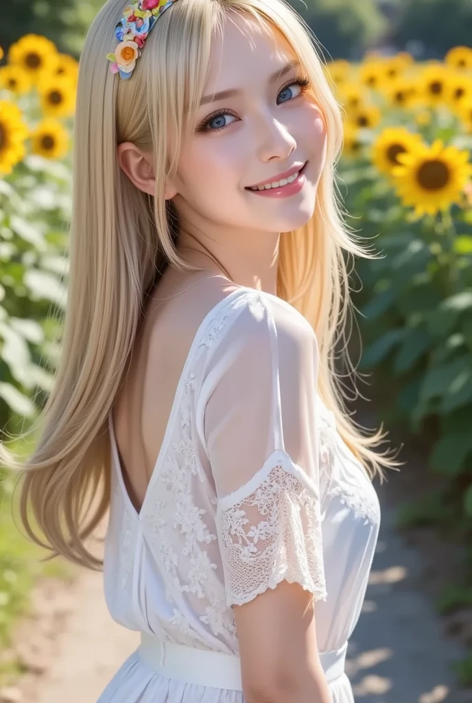 beautiful fitness girl in white nylon mini dress, giant tits, blonde hair with bangs, beautiful blue eyes, french, ultra detailed hair, messy hair, floral decoration in hair, white booties, sleeveless white nylon mini dress, bare shoulders, shy Smile, look at the Viewer, realistic, field of Sunflowers, very pretty.