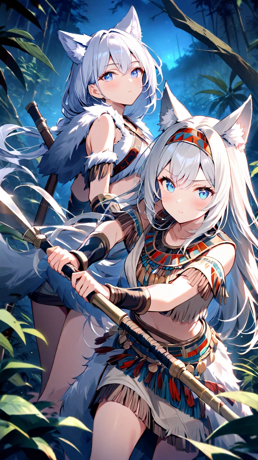 Cherry blossom forest,Big-tailed wolf,blue color eyes,Gray hair,long whitr hair