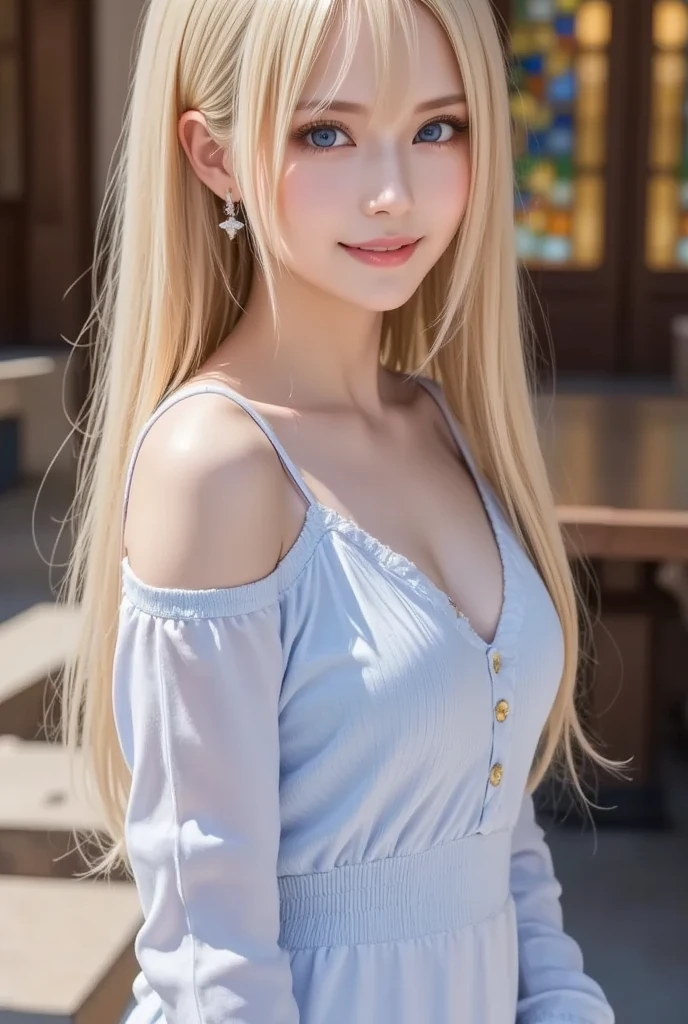 highest quality　Shining, clear, white skin、Her windblown blonde hair hides her beautiful face、huge、20 years old cute sexy little beautiful face、Beautiful straight hair that stands out、growing up, Sparkling light blue eyes、long silky bangs that cover cute eyes, Sexy and cute young woman with super long hair hiding her sexy face、Super long, natural platinum blonde shiny hair　Beautiful bangs that cover the forehead and reach the eyebrows　Beautiful chest　whole body　Lower Body　Overall image　Sensual pose　They are trying to seduce me.　A devilish look　peace sign　Sexy goth  costume　Trying to kiss her with her beautiful lips　Beautiful legs with buttocks sticking out　Wearing knee socks