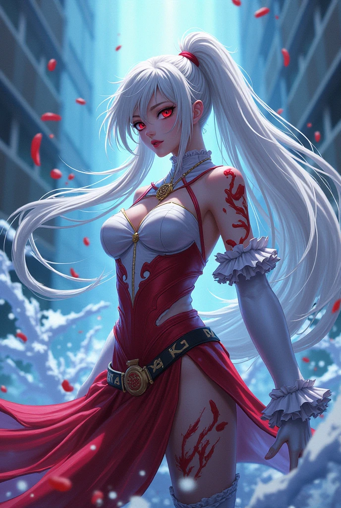 ((ultra realisitic)), ((picture-perfect)), ((face perfect)), ((ultra detaild)), ((close up)), ((perfectbody)), an elf with red eyes and long white hair wearing a white dress, yandere girl