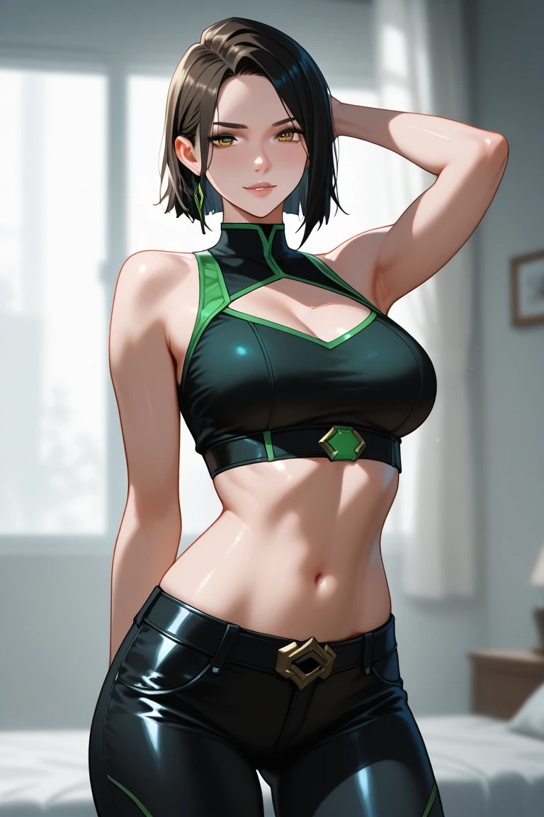 a ninja, pretty face, serious face, short black hair, green eyes, perfect body, fit body, abdomen, big breasts, muscular, wearing a ninja outfit