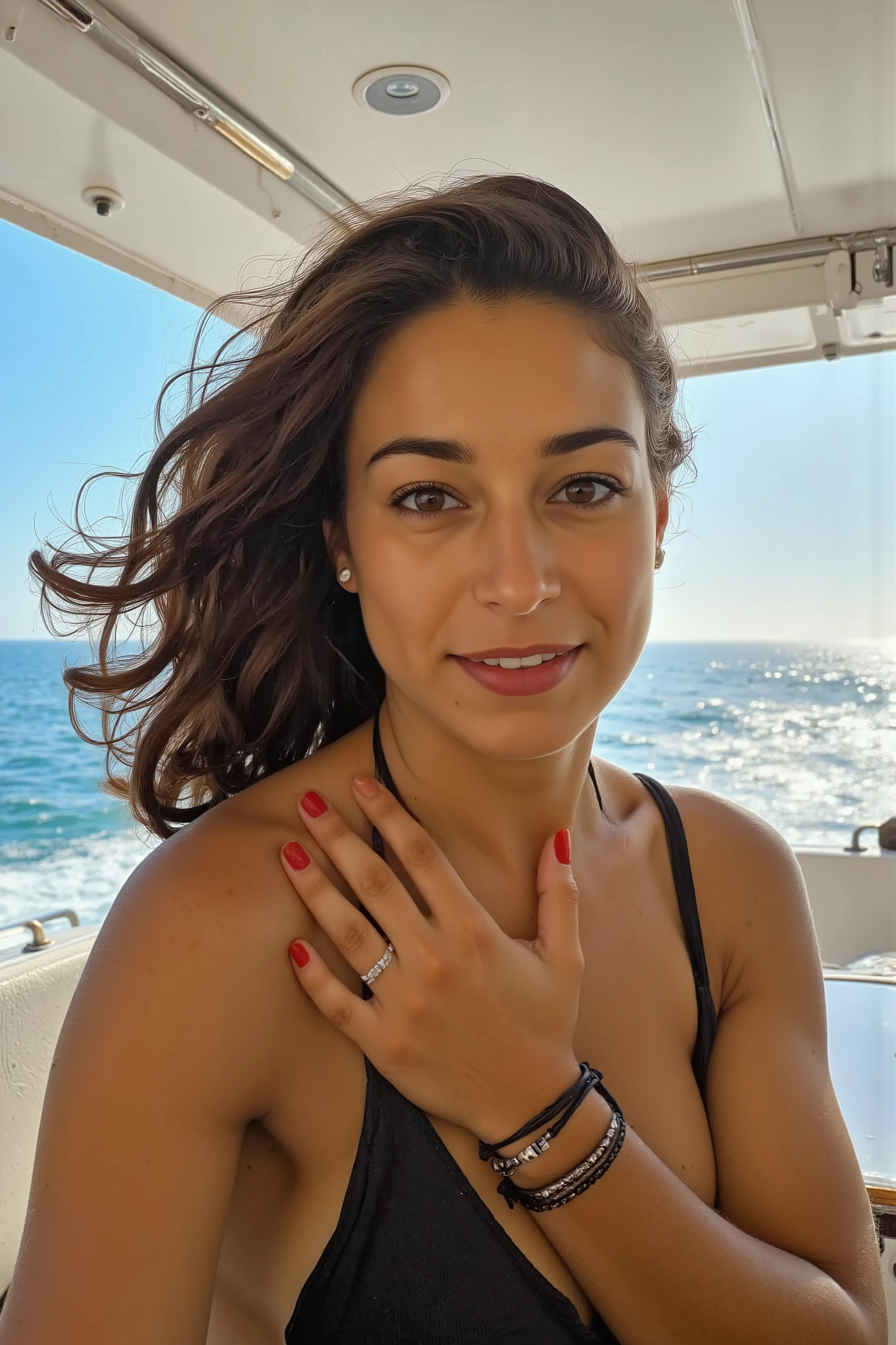 A full body photo, from head to toes, ground view, of a fit young woman posing at a luxurious private yacht, sailing through the ocean. Her hair is beautifully styled. She has an highly defined body, highly defined muscles, extremely detailed realistic natural skin with skin pores, shiny skin, perfect face, perfect hands, perfect eyes, ultra detailed body, ultra detailed face, ultra detailed feet, ultra detailed hands. Her tight outfit shows skin indentation. She wears makeup, lipstick, and rich intricate jewellery: a slave collar, bracelets, armlets, earrings, and ring. It's a windy spring day with bright blue sky, nature, panorama, landscape, harsh sun and shadows, ray tracing, UHD, HDR, 16K, DSLR, photorealistic, masterpiece, award-winning.