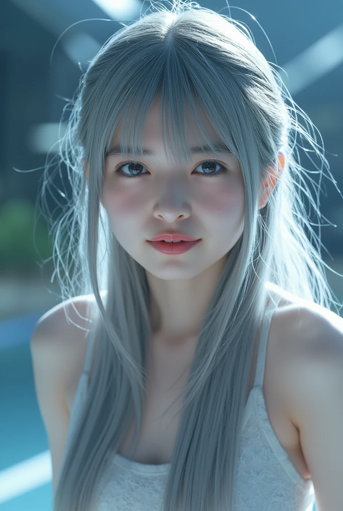 Light smile、natta、Raw photography、(((Portrait of extreme beauty)))、((glistning skin))、女の子1人、16 year old beautiful girl in Prague、bright expression、((platinum-hair))、[Big blue eyes that shine like jewels]、Glossy glossy skin、Silky Super Long Straight Hair、eye liner、Beautiful bangs、Hair between the eyes、((​masterpiece、top-quality、ultra-detailliert、Film Light、intricate-detail、hight resolution、ighly detailed))、细致背景、8KUHD、Digital SLR、Soft light、hightquality、Film grain、FujifilmXT3 、Shallow depth of field、natural soft light、（No hands）、Kamimei、Lush bust