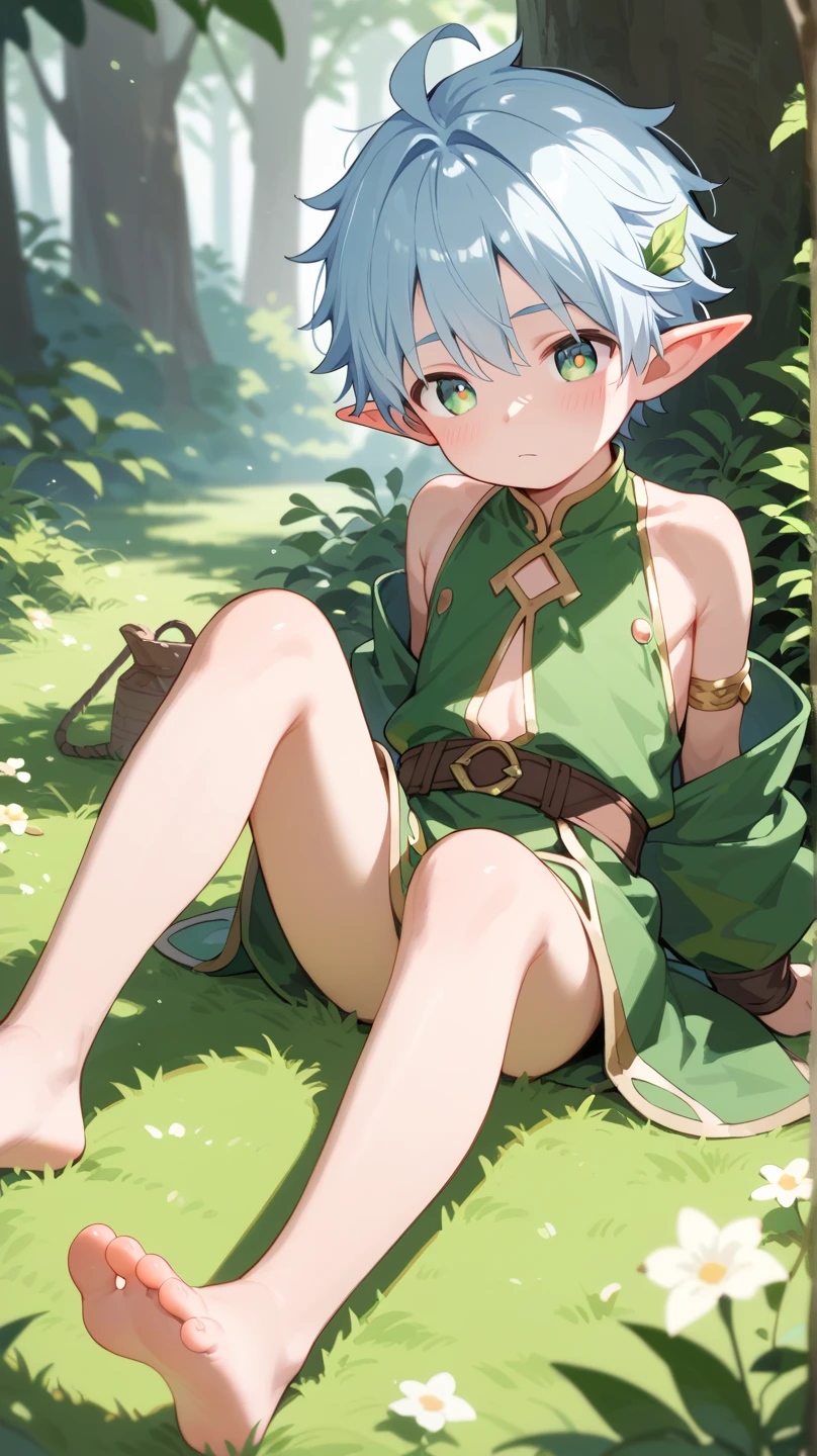 masterpiece, best quality, sylphiette, ahoge, elf, forehead, green hair, pointy ears, red eyes, short eyebrows, short hair, solo,
 seductive smile, :o, squatting, naked hooded jacket, naked white jacket, flat chest, nipples, bottomless, pussy, outdoor,