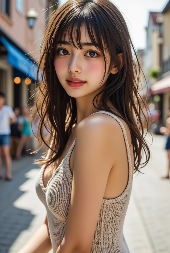 (highest quality、8k、32k、masterpiece、Hmph:1.45)、((Fisheye photography)),((Nice view))Cute Japanese Women Photos、Soft looking breasts、No bra、Ample breasts,((High-rise building rooftop heliport))、((Passion pink short cut))、Face Focus、White T-shirt、necklace、From above、Looking at the audience、((I'm showing my teeth and smiling))、Dynamic Shadows、blonde、Wet shiny hair、Shine, Watery eye、