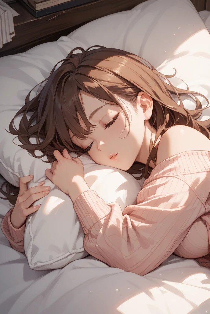 night, Dark Room, Sleeping Woman, (close your eyes), (masterpiece, highest quality, highest quality, formal art, beautifully、aesthetic: 1.2), (1 girl), Highly detailed eyes, (Fractal Art: 1.3), colorful, The highest level of detail, (Perfect Face), Shiny skin, High resolution) 1 girl, alone, Lying down, Lying in bed, (((brown hair)), (Pale skin))), Curly Hair, , White T-shirt,. ((((closely))))