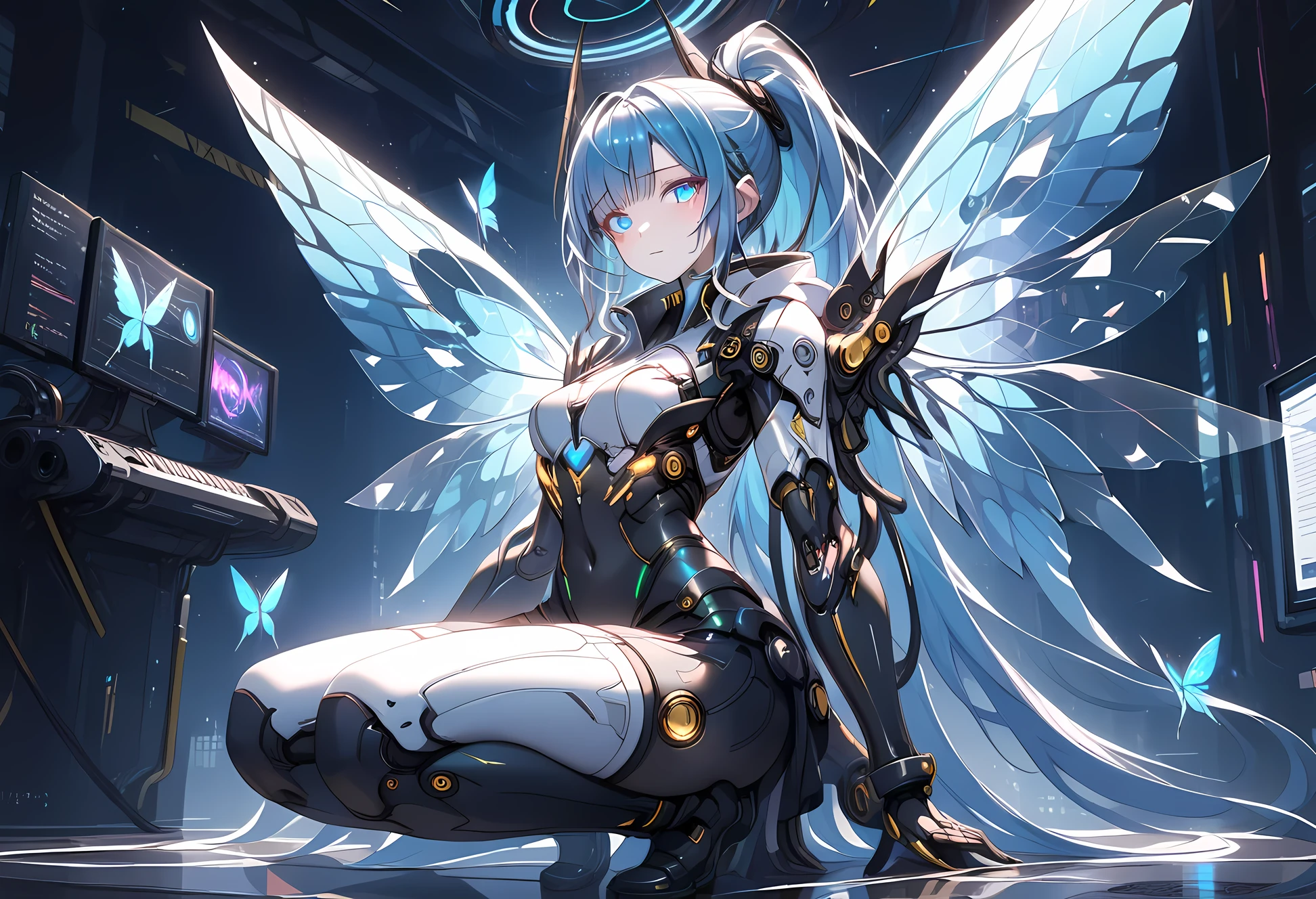 ((best quality)), ((masterpiece)), (detailed), perfect face, textured skin, ((super detail)), high quality, high details, hologram, Holographic colors, cyberpunk, cyberspace dweller, swallowtail butterfly wings, Blue hair, long ponytail, Blue eyes, Kneel, support herself with her right hand