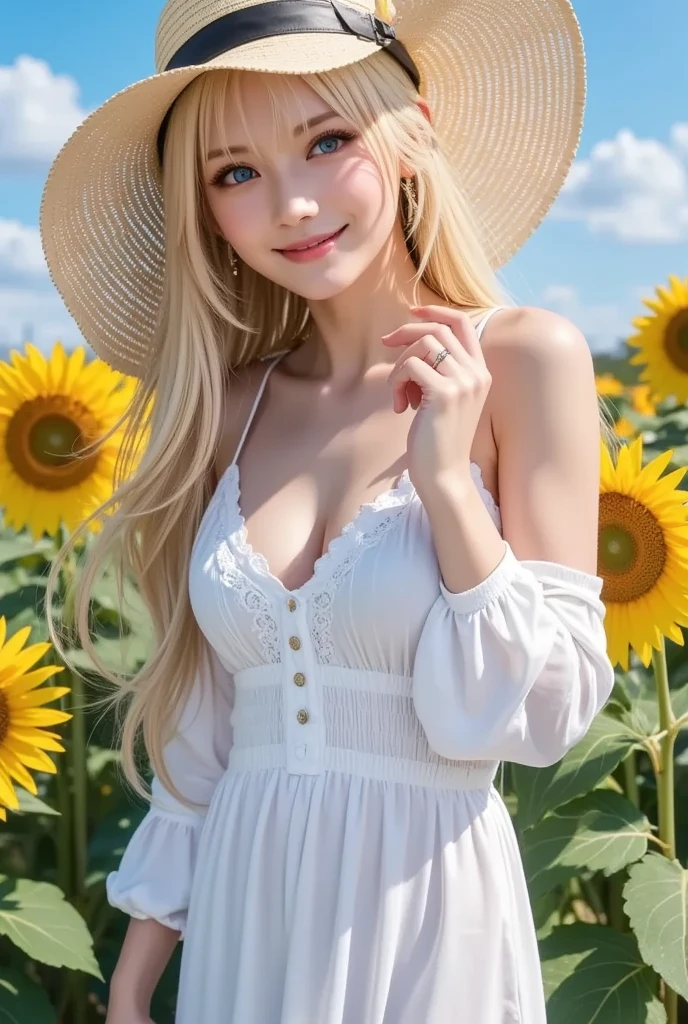 (Masterpiece, realistic, high resolution), (1 girl): 1.2),(random posing on sunflowers field),sunflowers at background, (( long white hair): 1.3), (heterochromic eyes: 1.1, thick eyebrows, small moles under the eyes), (wearing yellow colours bikini), ((huge breasts): 1.2, thighs),cleavage,(characters play),smiling, looking to camera