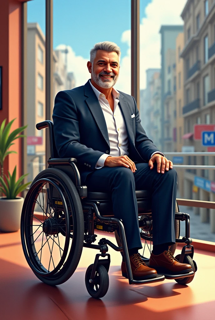 Enigmatic man with smile on his face and glasses in his right hand while sitting in wheelchair, perfect smile