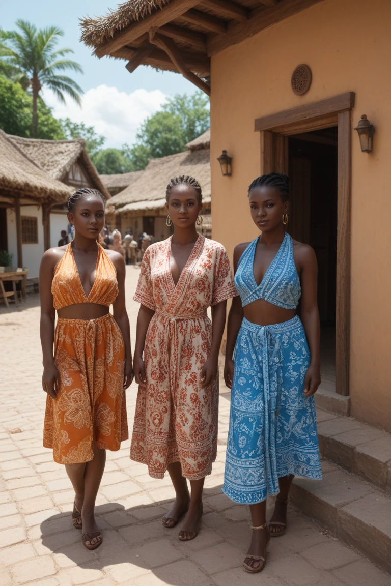 a group of women in traditional african attire, walking in a line on a dirt path, savanna landscape, warm lighting, vibrant colors, detailed textiles, intricate tribal patterns, natural environment, photorealistic, 8k, highly detailed, masterpiece
