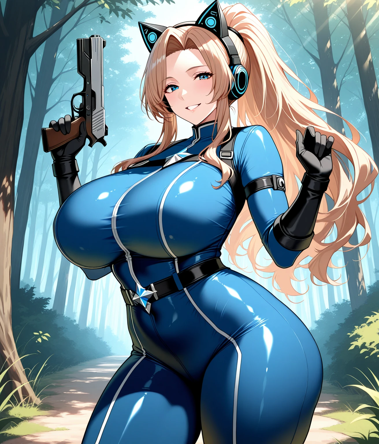 masterpiece, best quality, pkmntpg, beret, (gray bodysuit), vest, belt, black gloves, ((gigantic breasts)), sitting on bench, looking at viewer, seductive, black boots, skinthight bodysuit, sideview, stretching fabric, thick thighs