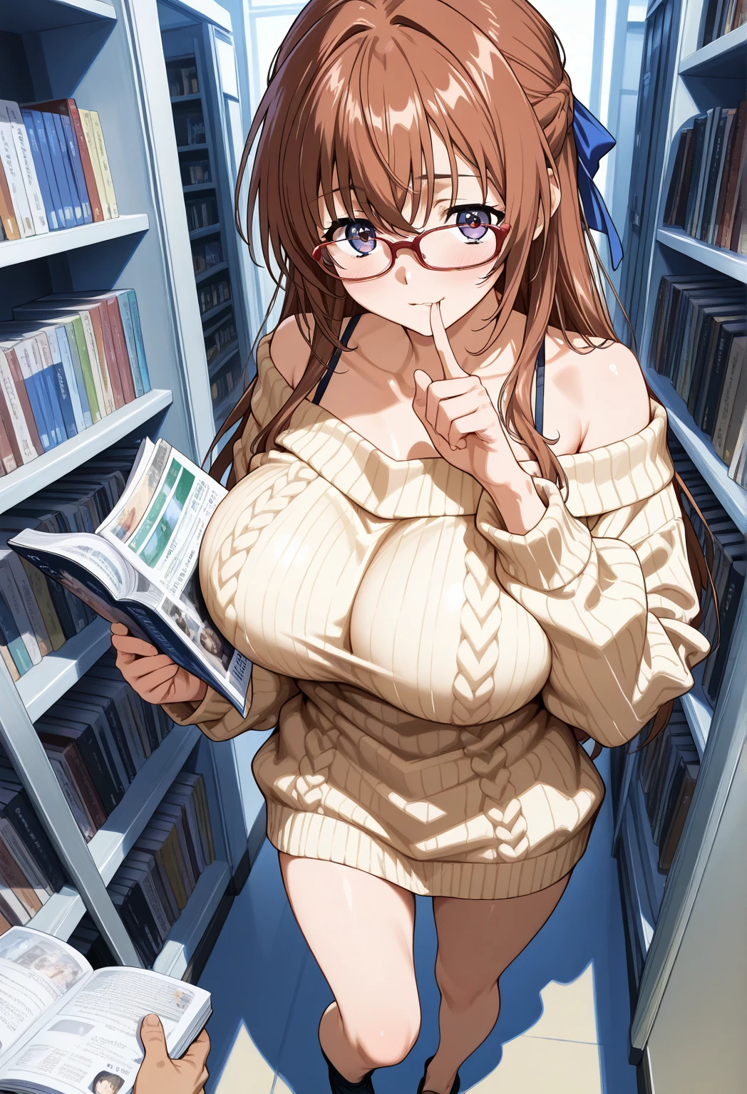 Huge library、1 librarian、One Woman、small round glasses、huge-breasted、(((((bbw)))))
