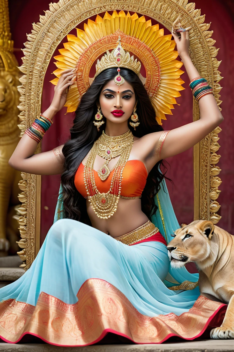 a beautiful hindu goddess, detailed face HD, piercing eyes, full lips, long flowing white and golden dress, holding a trishul, a majestic lion nearby, intricate jewelry, glowing ethereal aura, highly detailed, photorealistic, dramatic lighting, vibrant colors, ornate background, digital art HD
