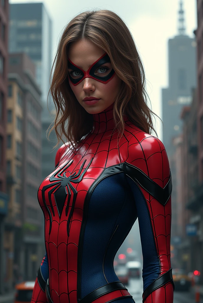 Close-up photo portrait of a female spiderman, Atmospheric scenery, masterpiece, highest quality, (Beautiful face in every detail, Skin texture details, Super-detailed body:1.1),