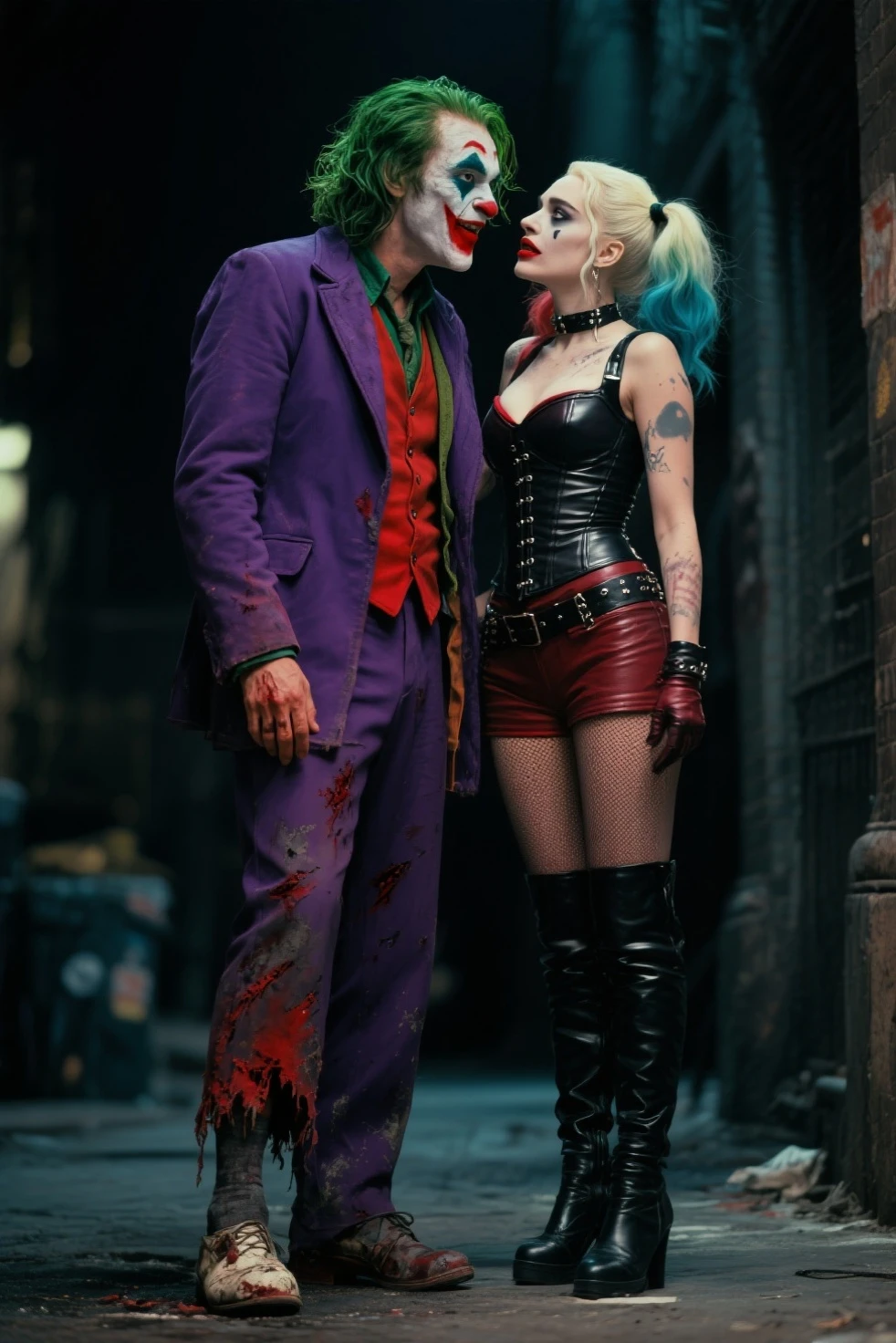 (Extreme complexity, two unique subjects) Margot Robbie as Harley Quinn (insane pretty face, tiny themed outfit Harley Quinn makeup on body, blood spatter) is wielding a bloody ball bat. Harley is standing over a confused Saitama who is lying on the ground on his back (iconic yellow suit, blood spatter, red cape, bald head). Downtown Tokyo