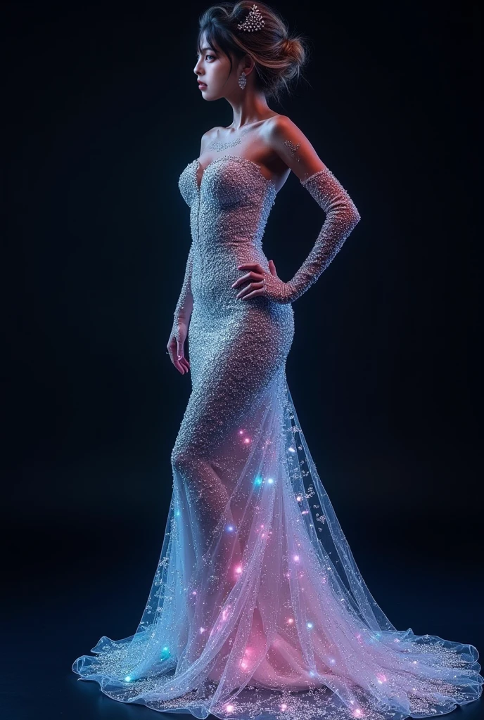 1girl,liquid clothes,dress,full body,see-through,transparent clothing,holo water,water,holo,barefoot,<lora:LiquidClothesV2:0.7>,looking at viewer,<lora:hologram02>,simple background,wedding dress, (masterpiece, best quality, high quality, highres, ultra-detailed),