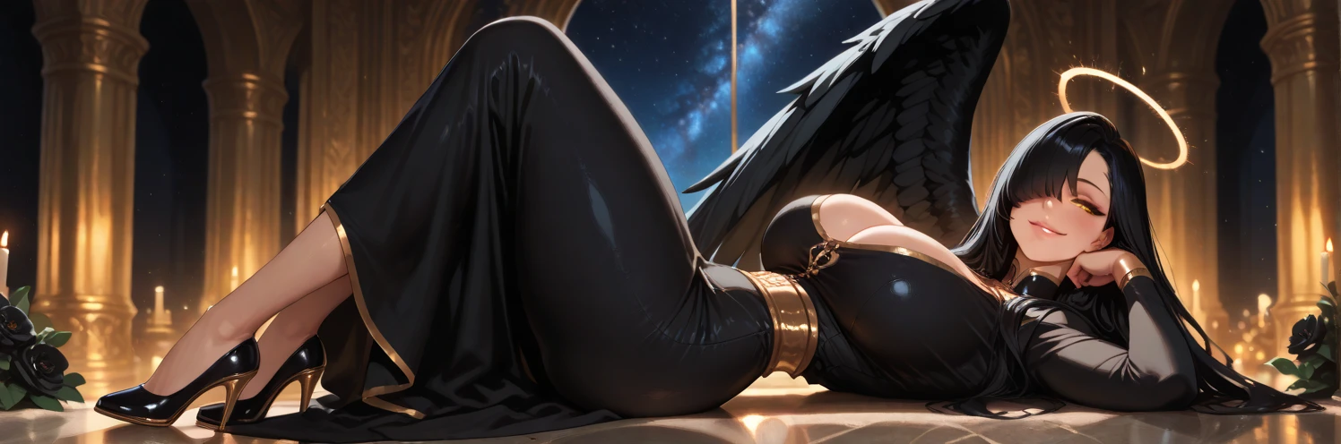 Generate a stunning art style, a true [masterpiece] of art. The image showcases [detailed linework], [dynamic shading], and [dramatic lighting], bringing to life a relaxing atmosphere. full body view, (dark-skinned female:1.5) 1girl, seductive ,large breasts, thick thighs, glasses, black gloves, skindentation,  nightgown,