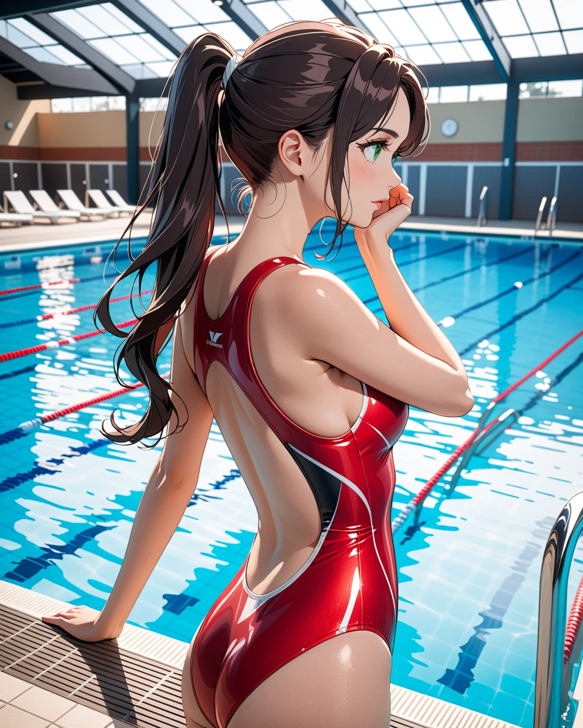 ((backwards、Buttocks emphasis、))(((kneel down)))15 year old girl, solo, My breasts have grown、Smile and accentuate cleavage、Wearing a red swimsuit、[Various poses]、Sexy masterpieces, highest quality, realistic, super detailed, (shiny skin, sweating: 1.4), looking at the viewer, blonde long wavy hair, brown eyes, thin, dynamic light and shadow, High resolution, sharp focus, Depth of the bounds written, thin目, sharp pupils, realistic生徒, (small chest: 1.6), (thigh thickness: 1.0), indoor pool