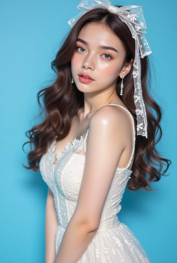 (((Bright white background 1.5)))、(((High Key Portrait 2.0)))Professional Lighting、(((Professional Lighting 1.5)))、Translucent skin texture、Beautiful Skin、Beautiful Skin、、(((Whitening 1.5)))、、、音符のEcstasy、(((Light blue bra.5)))、Profile 1.4、See through。very good、Mid-shot photo、Simple Earrings、((Brown Hair))、((Medium Hair))、Loose wavy hair、Sex Appeal、Sex Appeal、Ecstasy、(((Mid-shot photo1.5))、(((Dynamic Pose 1.85)))