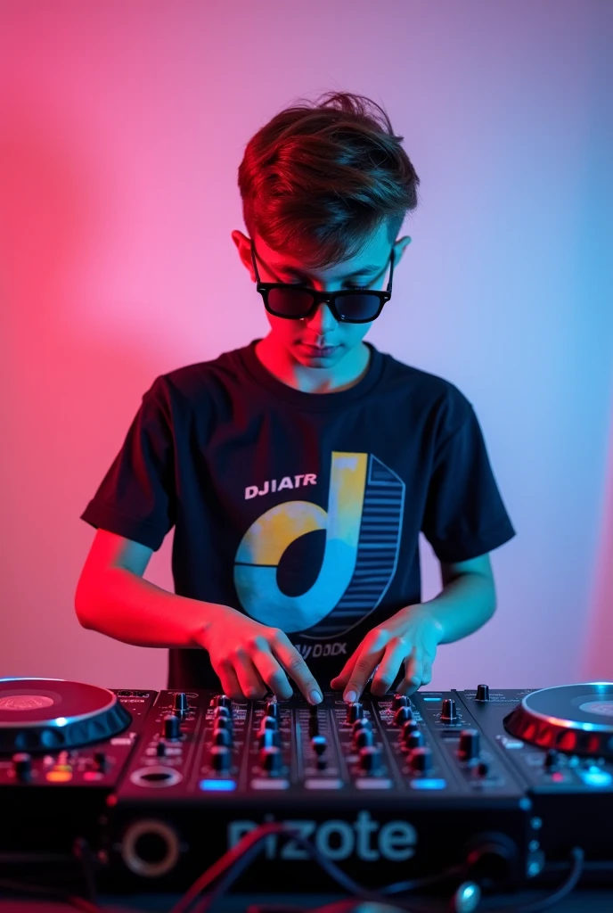 Create a low combed latino boy with black hair mixing like a DJ with a black Nike shirt and black headphones and underneath it has the word DJ FRENYER white skin