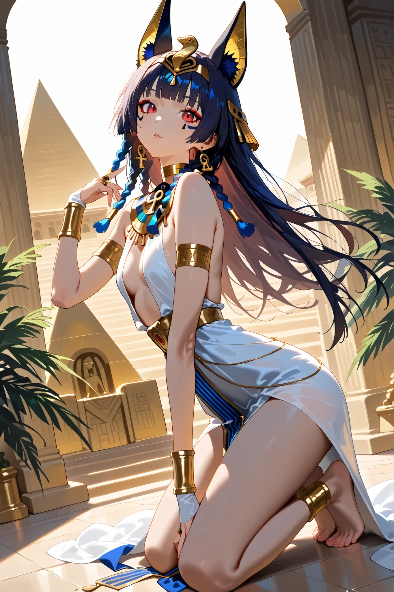 (High quality CT,4K,High resolution,main part:2.3),Very detailed,realistic:1.37,Best quality,masterpiece, high resolution,on_body, Tyndall effect,photorealistic, edge lighting, Two-color backlight,(high definition of skin:2.3), (8K UHD, DSLR quality, soft lighting, high quality, surround lighting, sincere, de 8K , 4k, 8K.) An Egyptian princess Anubis. A girl with an elegant slim build, a narrow waist, and small almost flat breasts. She has white skin with Egyptian tattoos. She has red eyes. She has Egyptian makeup: blue eye shadow, black Egyptian eyeliner with eye of Horus. She has a black Egyptian square wig on her head, consisting of many braids decorated with gold beads. On her head she wears an Egyptian tiara with a lotuses. She is wearing a white Egyptian tight Kalazaris dress. on her neck she has a wide collar consisting of many rows of gold beads made of colored Egyptian gold. She has ankh-shaped earrings in her jackal ears on her head. She has gold rings on each finger, and rows of gold bracelets on her wrists and ankles. She's barefoot. IN the background: an Egyptian temple surrounded by an oasis.blooming palm trees, blooming tropical flowers. Egyptian pyramids, desert.