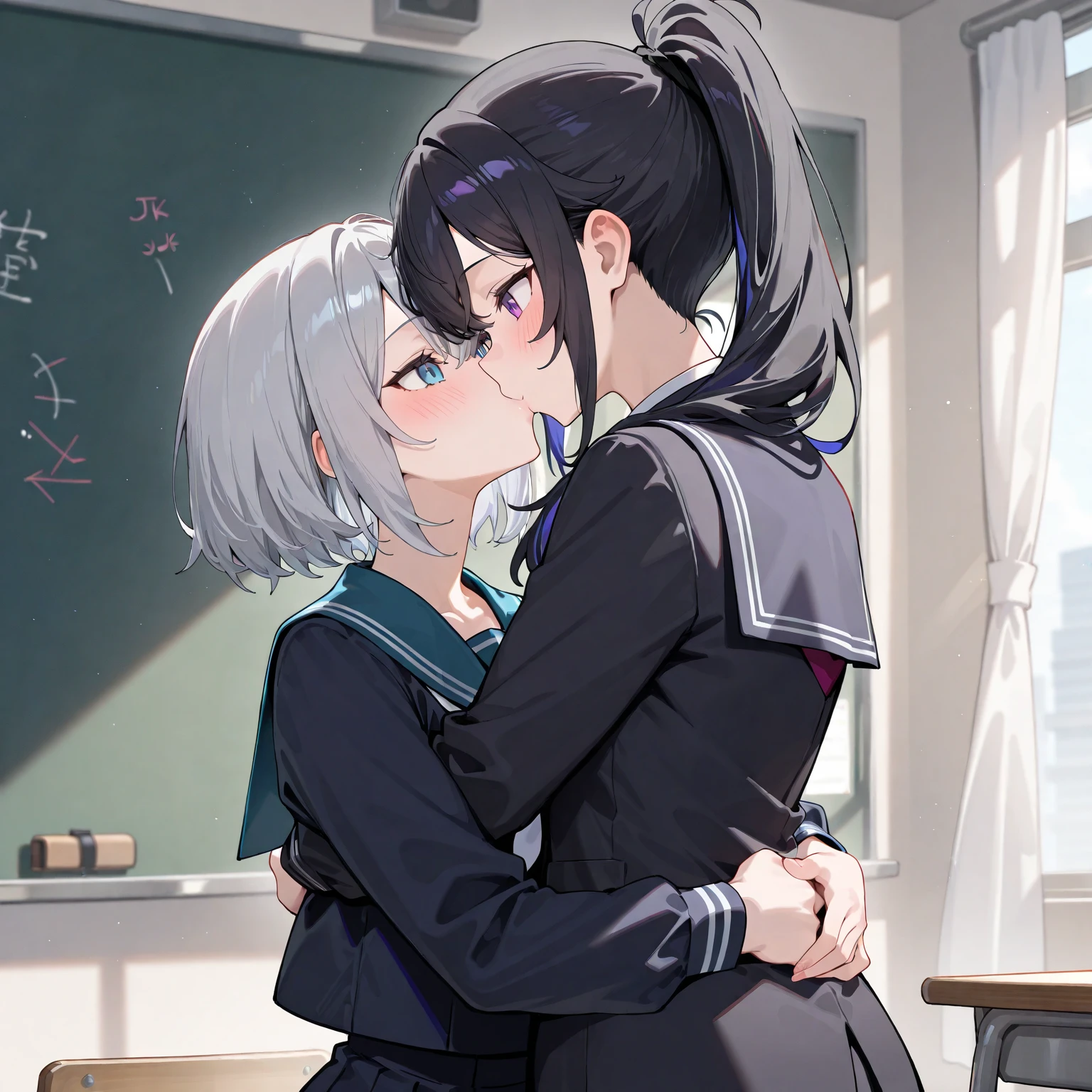 (masterpiece、top-quality、2People Girls、a junior high school student、short-hair、straight haired、hair adornments、wearing black glasses、cute face)、Classroom、And、(masterpiece、top-quality、2People Girls、a junior high school student、A dark-haired、short-hair、straight haired、Light brown eyes、hair adornments、wearing black glasses、cute face)、School uniform with short sleeves、hug、Kiss、And、(masterpiece、top-quality、2People Girls、a junior high school student、Sky blue hair color、short-hair、straight haired、Light red eyes、hair adornments、wearing black glasses、cute face)、School uniform with short sleeves、hug、Kiss