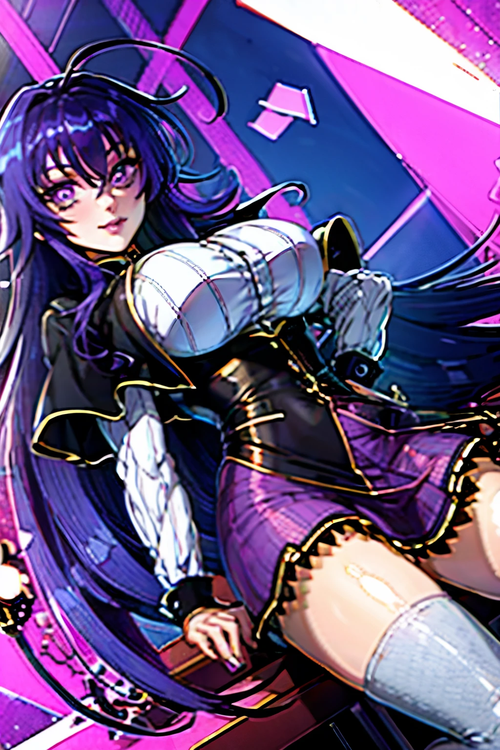 1girl, solo, huge breasts, cleavage, Chubby, ((((blindfold)))), (((chain leash, animal collar, animal collar connected chain leash))), (((hand on the ground, on all fours))), masterpiece, best quality, ultra detailed, super fine illustration, purple hair, nsfw, sexual ecstasy smile, voluptuous, fair skin, perfect proportion, gleaming skin, oil skin, shiny skin, twin tails, perfect limbs, perfect legs, evil smile, rape face, dimpled smile, full face blush, fucked silly, stick out tongue, long tongue, tongue out, open mouth, vulgarity, sweat skin, full body, perfect anatomy, nice body, teeth, smile broadly, bare shoulders, panties, thighhighs, underwear, covered nipples, tiara, twintails, purple hair, purple legwear, dare thighs, armpits, detached sleeves, (((midriff))), thigh boots, thigh heels, bridal gauntlets, circlet, purple footwear, pubic tattoo, fingerless gloves, dare fingers gloves, bangs,