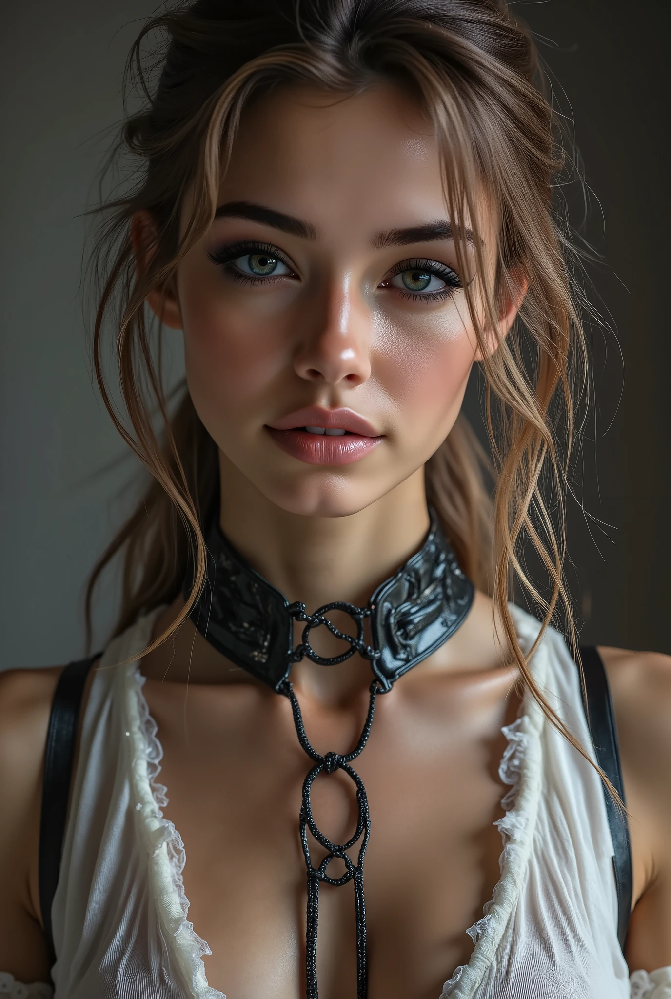 (photorealistic Realism 16K Quality), ultra-detailed, UHD, (ultra absurd quality, extremely detailed detail, hyper resolution, clear sharp focus, not blurry, Realistic black_eyes:1.35), (perfect dark_eyeshadows),Depth of field, cinematic light, Lens flare, dslr, best high quality soft lighting, sharp focus captured by Fujifilm XT3, f 5.6, in a dramatic lighting, ((view the viewer:1.3)), (extremely beautiful face, beautiful lips, beautiful eyes), intricate detail face, ((ultra detailed skin)), 1girl, Very stretchy, (loose pants: 1.4), (without bikini, white, (translucent), airy pants), (Top with a deep neckline), connected with ((centrally o-ring: 1.25)), (Glamour, paparazzi taking pictures of her), ((High Contrast)), ((Beautiful girl with long legs in good style:1.22)), BRAKE ((black|high-heeled (lace-up) over-the-knee boots), intricately detailed), medium ass, ((layer cut: 1.3)), ((Whitens skin, slim face)), slim belly: 1.2, (well-muscled body:1.3), The attention to detail, Double eyelids, (Erotic:1.3), satisfaction smile, gorgeous appearance, electrifying appearance, ((Dynamic pose: 1.4)), (((sharp focus))), ((very intricately details design of fantasy outfit:1.35)),{((full body shot:1.33))}